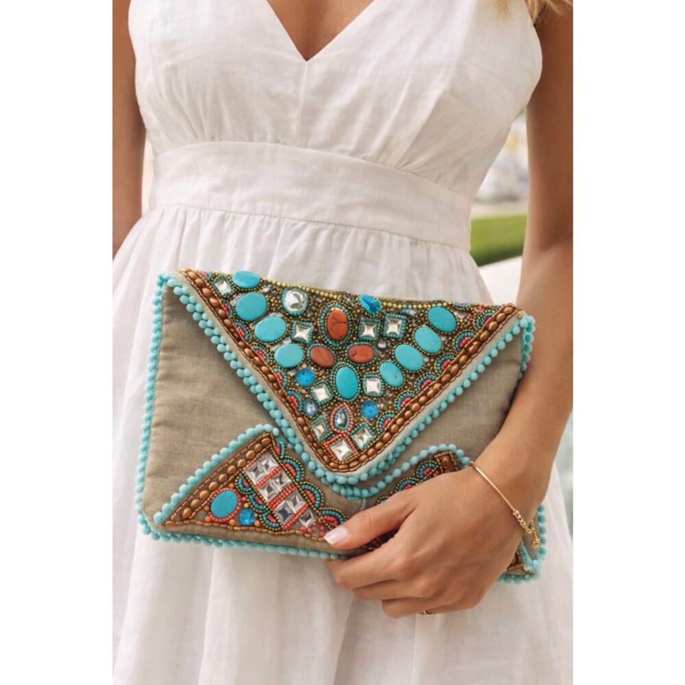 Ranees Beaded Clutch Turquoise Coral Envelope Boho Festival Cotton Bag India